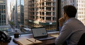 Tenant in office looks out window; desk with laptop and paperwork.