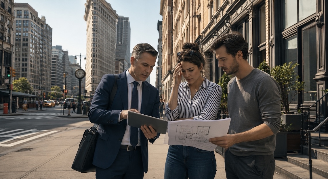 Three people check plans on a Flatiron street with tall buildings behind.