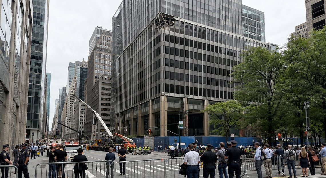 Police, crowds, emergency vehicles at barricaded office building.