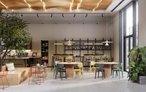 Modern NYC office lounge with wood ceiling, mixed seating, big windows.