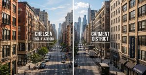 City street splits: Chelsea (incl. Flatiron) left, Garment District right.