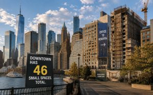 Downtown NYC skyline with scaffolding and office-to-residential signs.