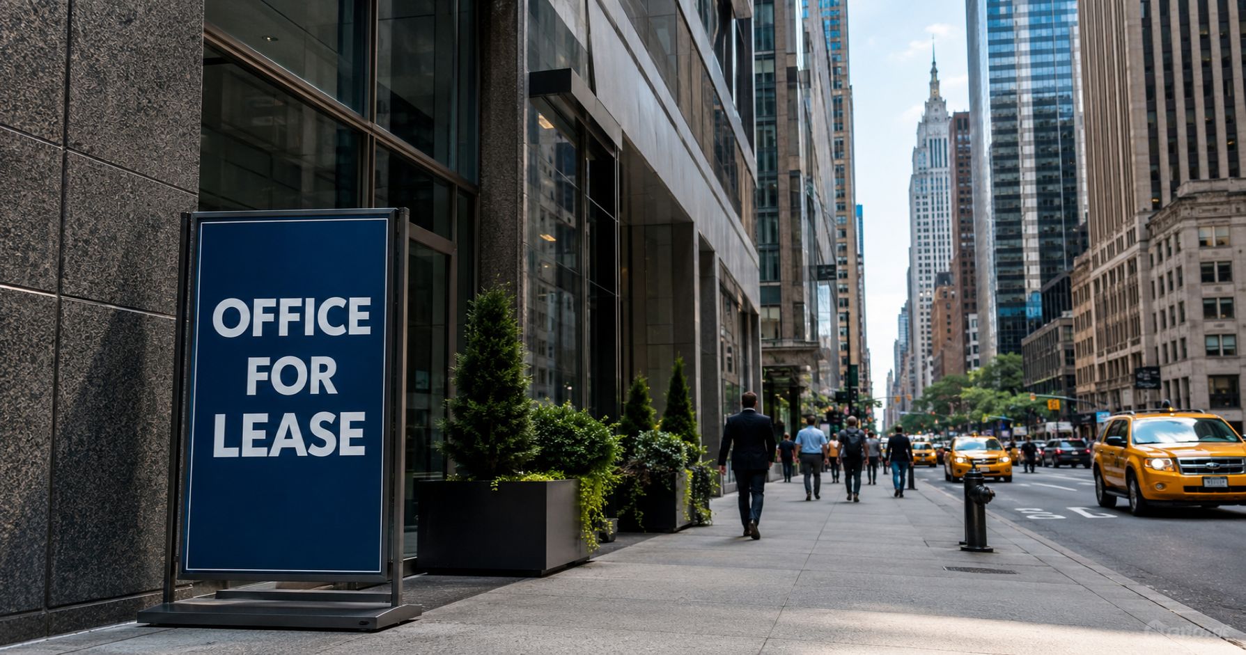 Office for Lease sign on city sidewalk with taxis and tall buildings.
