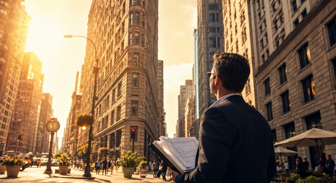 Man in suit with papers looks up at tall city buildings in sunlight.
