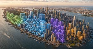 Aerial view of color-coded Manhattan buildings and office spaces.