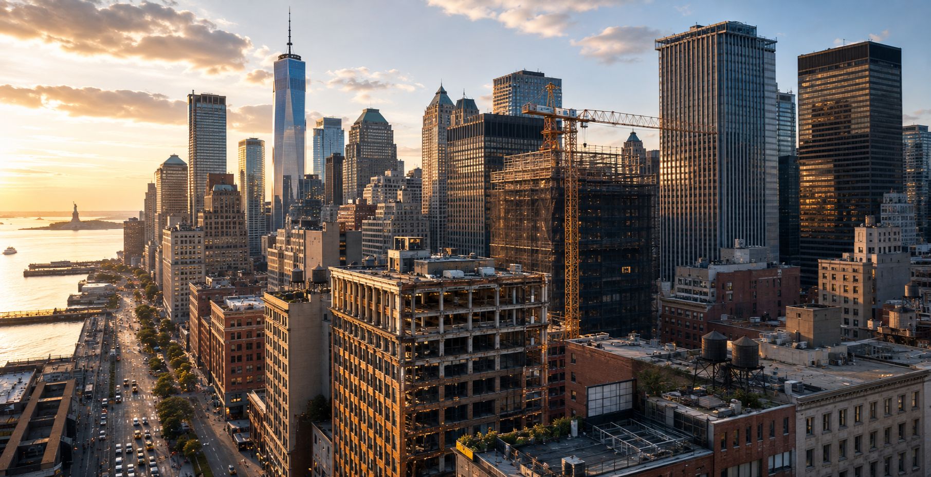 Lower Manhattan sunset with skyscrapers, crane, and Statue of Liberty.