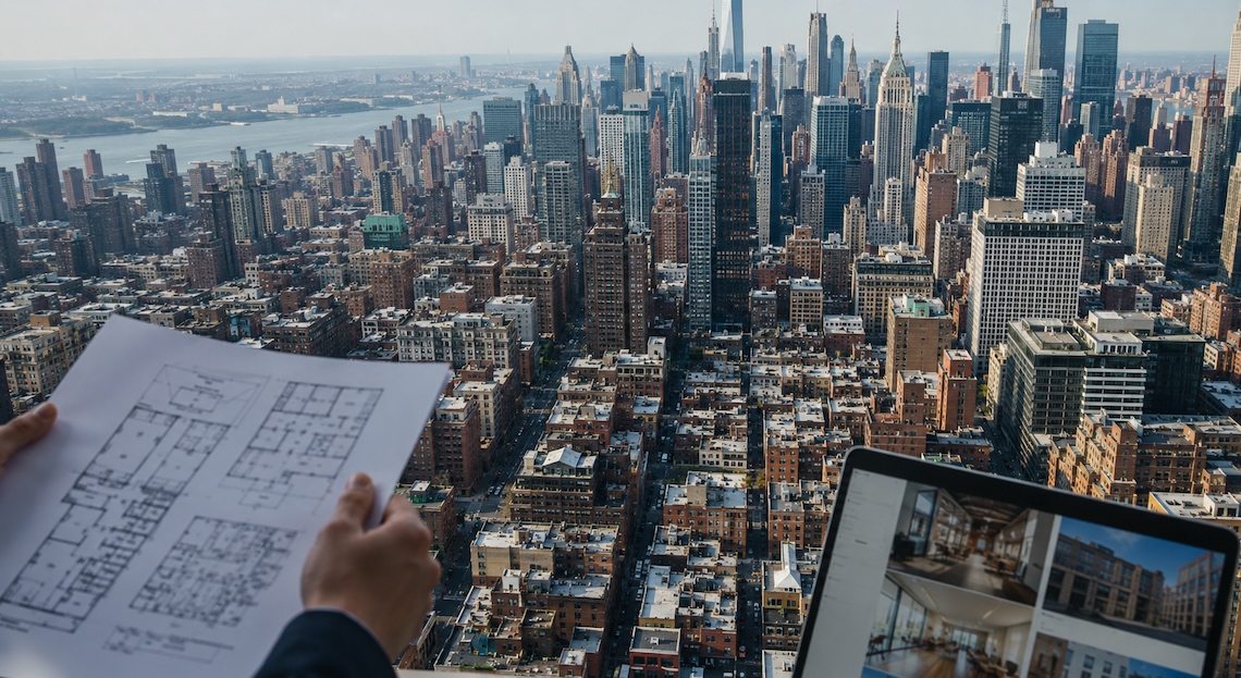 Person with blueprints and laptop overlooks Manhattan cityscape.