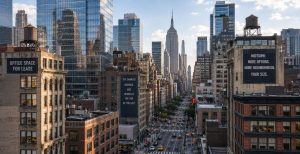 Busy NYC street, cars, skyscrapers, Empire State in background.