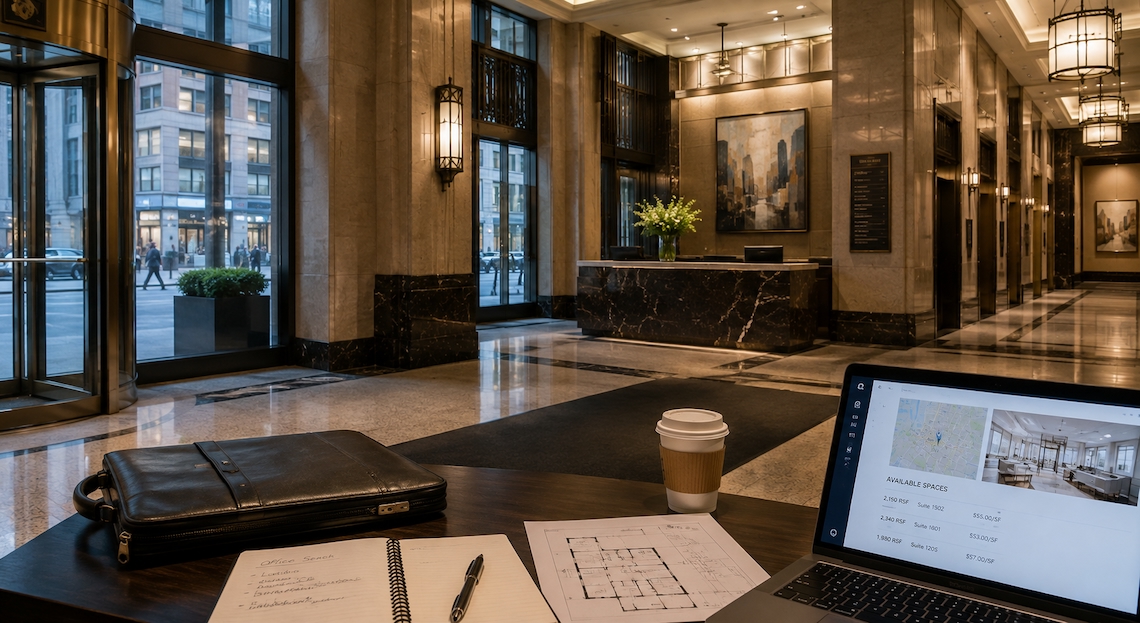 Modern lobby with marble floors, desk, laptop, and large windows.