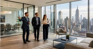 Three professionals in an office, city skyline and Empire State behind.