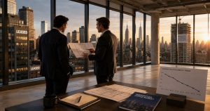 Two businessmen discuss office floor plans by NYC skyline at sunset.
