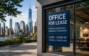 Office for Lease sign in glass building; NYC skyline in background.