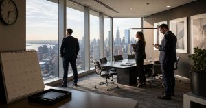 Three people in business attire stand in a modern office with city view.