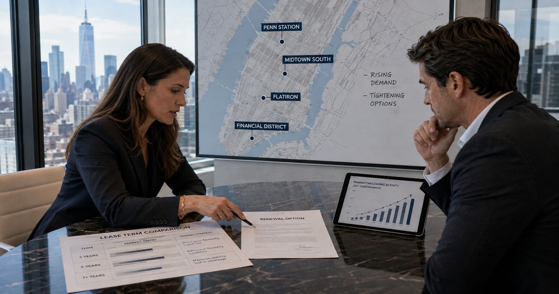 Two professionals review lease terms with charts and Manhattan map.