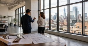 Two people talk in a modern office with NYC skyline in background.