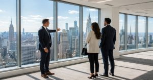 Three professionals discuss in a modern office with city skyline views.