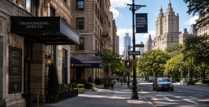 Busy Manhattan street with cars, pedestrians, signs, and tall buildings.