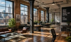 Modern Manhattan office with large windows, brick walls, city view.