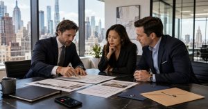 Three professionals review blueprints in office with city skyline view.