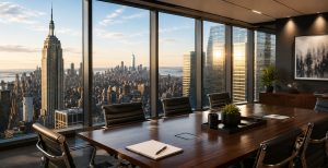 Conference room, wood table, NYC skyline at sunset, Empire State visible.