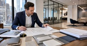 Man in suit reviews plans at modern desk with samples and tape measure.