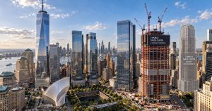 Aerial view of World Trade Center, skyscrapers, Oculus, and pools.