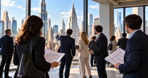 Business people with floor plans in office, city skyline outside windows.