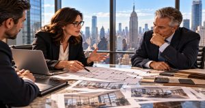 Three people review blueprints in a Manhattan office with skyline view.