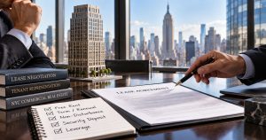 Two people discuss a lease at an office table with real estate items.