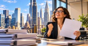 Smiling woman in NYC office holds documents, skyline in background.