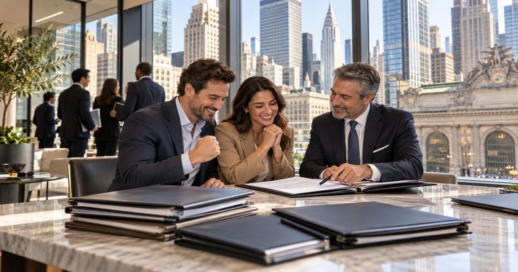 Three professionals review documents at a table in a city office.