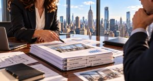 Two people in business attire discuss documents in a Manhattan office.