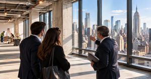 Three people in business attire look out windows at a city skyline.