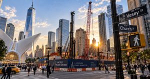 2 World Trade Center construction with cranes and sunset-lit street signs.