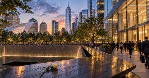 9/11 Memorial at sunset with white rose and One World Trade Center.
