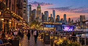 Crowds stroll a vibrant street by Pier 17 at sunset, bridge in view.