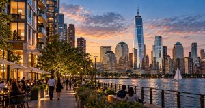 People on a waterfront at sunset, NYC skyline and sailboat visible.