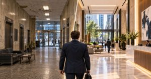 Distressed landlord in suit walks through modern office building lobby.