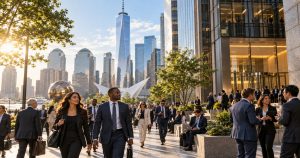 Business people walk in a sunny plaza near One World Trade Center.