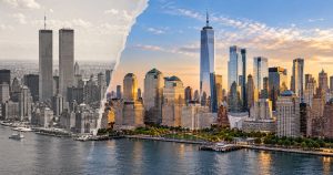 NYC skyline split: Twin Towers in B&W, One WTC in color.
