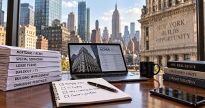 Desk with paperwork, laptop, and binders by NYC skyscraper window.