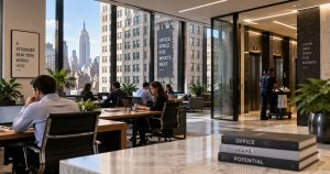 Modern office with desks, cleaning staff, city views, and Empire State.