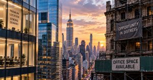 NYC buildings at sunset, signs advertise office space, Empire State in back.