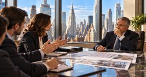 Businesspeople and older man discuss plans in modern Manhattan office.