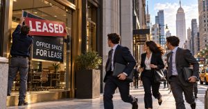 Man hangs “LEASED” sign on office as people walk by in the city.