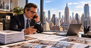 Man in suit on phone at desk with papers, laptop, NYC skyline views.