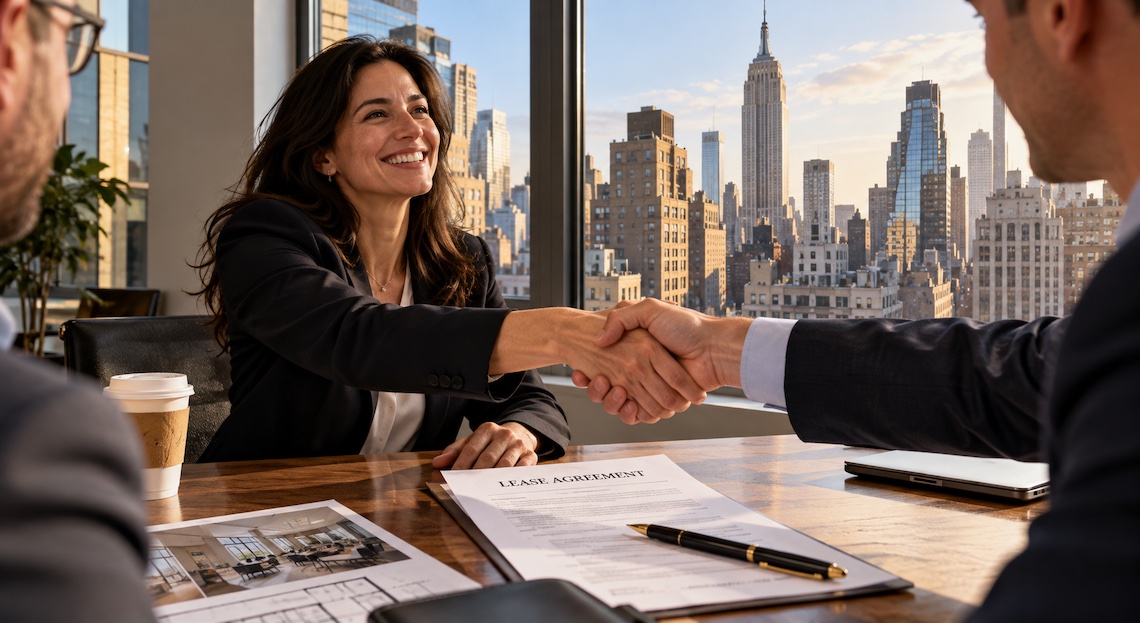 Woman and man shake hands across office desk with city view.