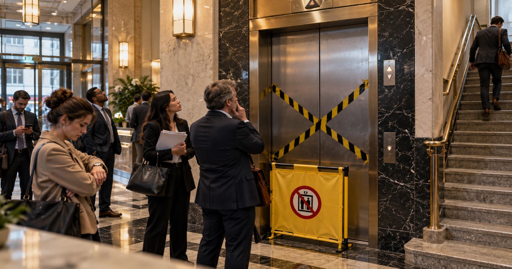 Business people wait by an out-of-order elevator with caution tape.