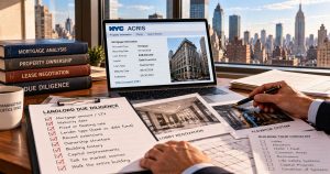 Person reviews property papers at desk with NYC skyline and books.