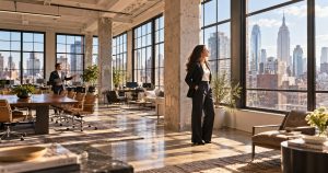 Woman in suit by office windows; man on phone, sunlit workspace.